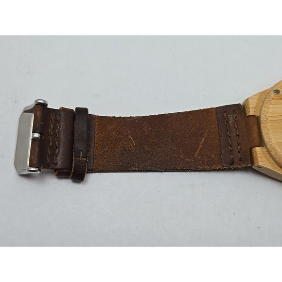 Cucol Bamboo Wooden Watch Brown Leather Strap Minimalist Quartz 45mm New Battery - Picture 9 of 11